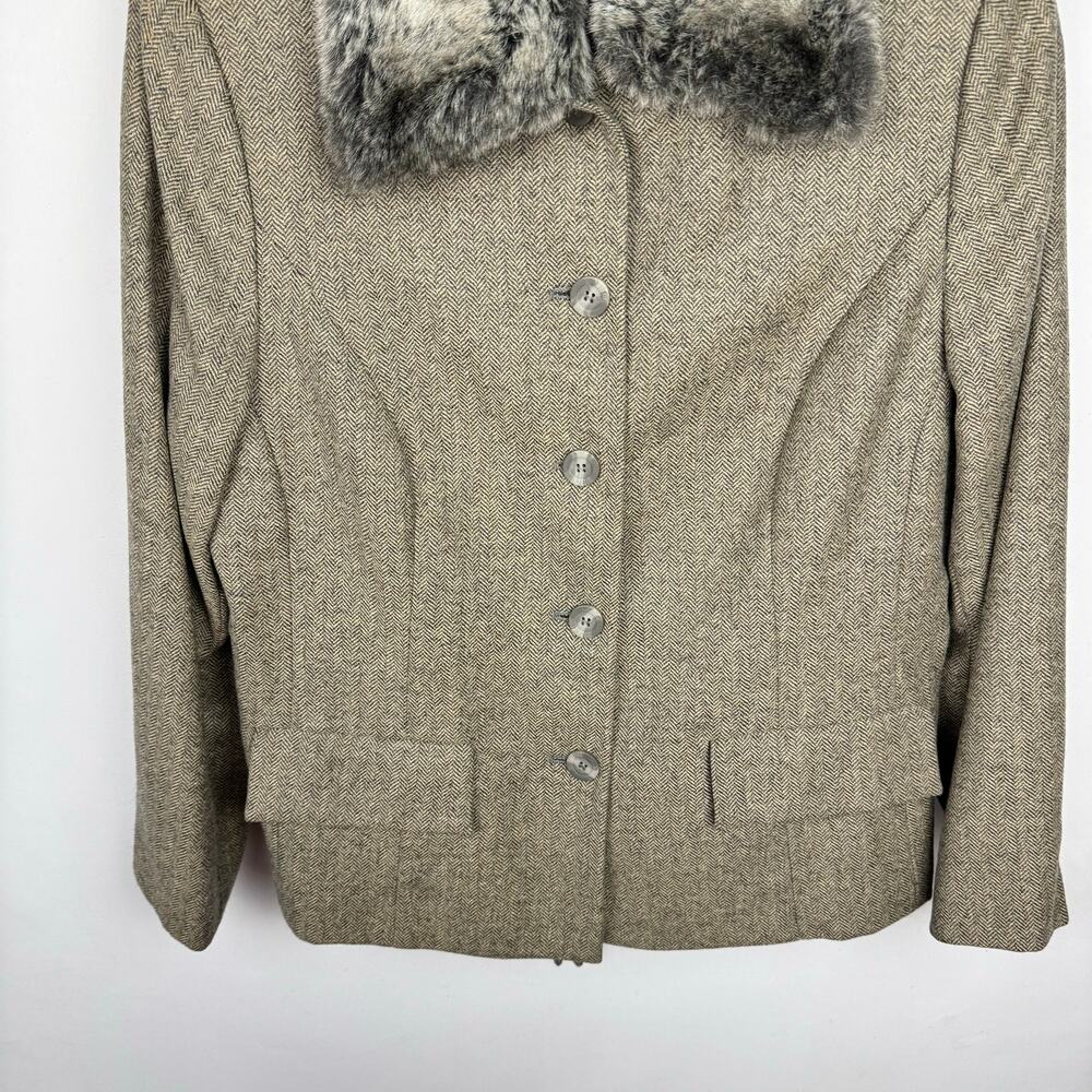 Kate Hill Wool Blend Herringbone Lightweight‎ Blazer Faux Fur Collar Jacket 14W - Picture 3 of 14